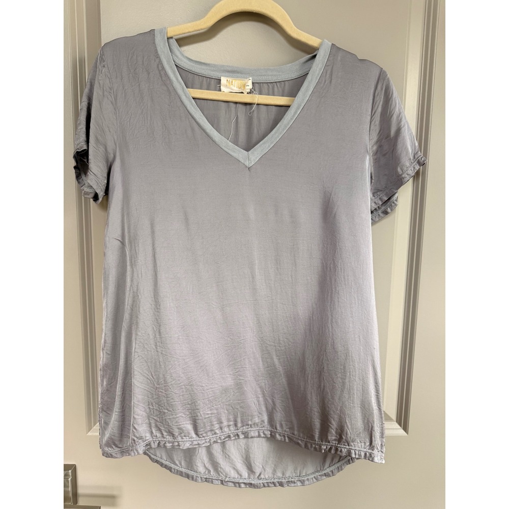 Nation LTD Womens Grey V-Neck Mixed Media Short Sleeve High-Low Top Size S